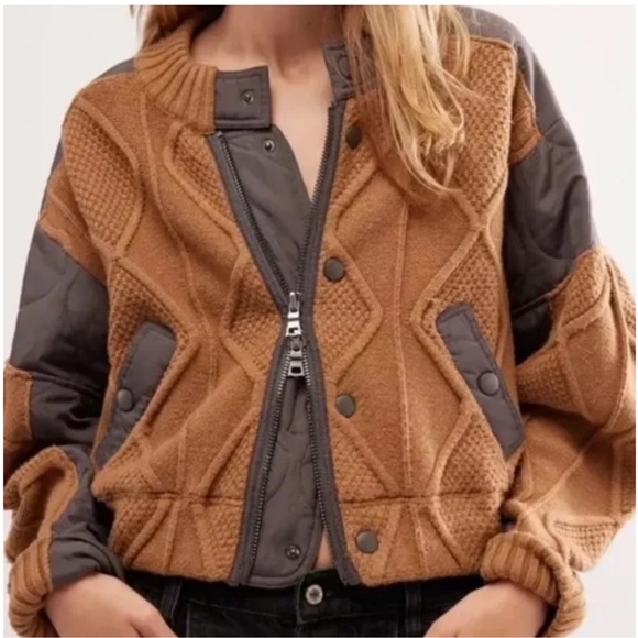NWOT Free People Block Party Bomber Jacket Tobacco Pavement Combo Size L - Picture 5 of 9